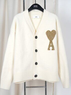 Ami Paris Cream Gold Heart‑A Logo V‑Neck Knit Cardigan